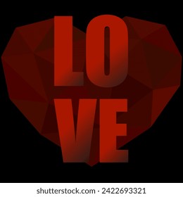 Love text. Red heart made of geometric shape. Valentines Day poster, card, invitation and banner. Romantic quote vector