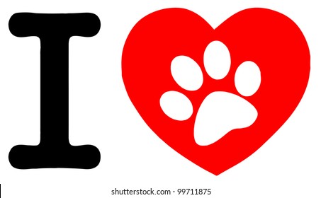 I Love Text With Red Heart And Paw Print. Vector Illustration