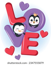 Love text render isolated with adorable Penguin