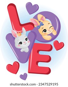 Love text render isolated with cute little bunny