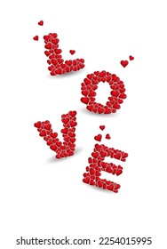 Texto de amor con corazones rojos pequeños, aislados en fondo blanco con espacio de copia para contenido de promoción. Ilustración vectorial. Concepto de día de San Valentín, primavera y vacaciones