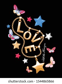 Love text and stars with butterfly design vector art