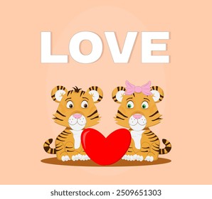 Love text two tigers on a beige background