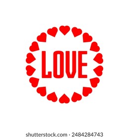 Love text typography vector design. Red color romantic love letter calligraphy in hearts circle frame for celebration happy valentine day for romance girlfriend boyfriend isolated on white 