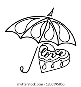 Love - text. Umbrella and heart.   Vector illustration. Outline.
