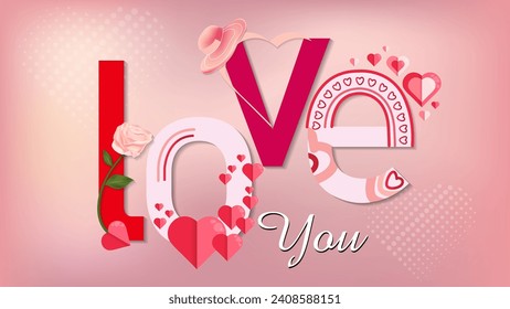Love text. Vector illustration with elements of roses, women's hats and love symbols