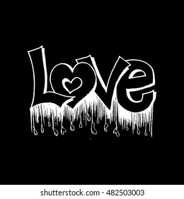 Love text with water droplets. Sketchy style.