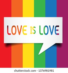 "Love is love" text in white chat bubble on rainbow color background design, vector illustration. Lgbtq,gay,lesbian,bisexual,homosexual,transsexual human concept. 