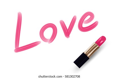 Love text write by Lipstick pink color isolated on white background, with copy space