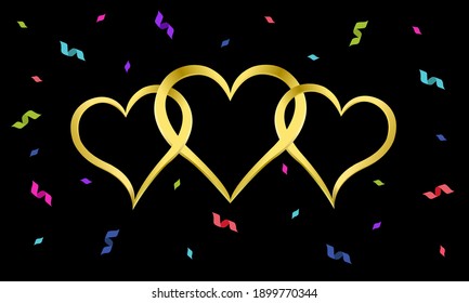 Love that fits well together.Three golden hearts looped together. Small ribbon various colors are blown away. 
