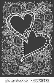 Love theme card. Hand drawn artwork with abstract flowers and a couple of hearts. Mehendi henna doodle style. Background for web, printed media design.