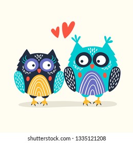 The love theme card for Saint Valentine's day with the cute owls falled in love. Cute vedctor hand drawn illustration. 