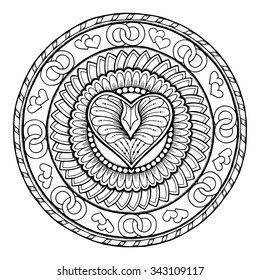 Love theme. Circle tribal doodle ornament with heart. Hand drawn art mandala. Black and white ethnic background. Zentangle pattern for coloring book for adults and kids.