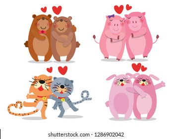 Love theme concept vector. Decorations with 4 funny couples character of bear, pig, cat and rabbit on white background. Great for lovely concept.
