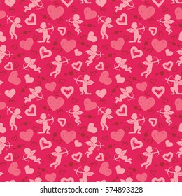 Love theme, cupids, amours, hearts, valentine`s day seamless pattern background illustration vector