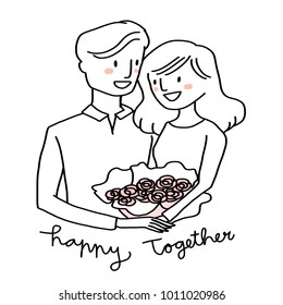 Love theme with cute couple embracing each other totally in love. Valentine's Day card or anniversary card with smiling couple hugging and encircling their lovers with arms. Flower bouquet included.