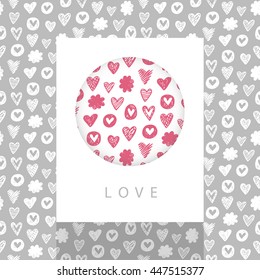 Love theme design. Wedding invitation, gift card card template with hand drawn heart shapes.Vector illustration.