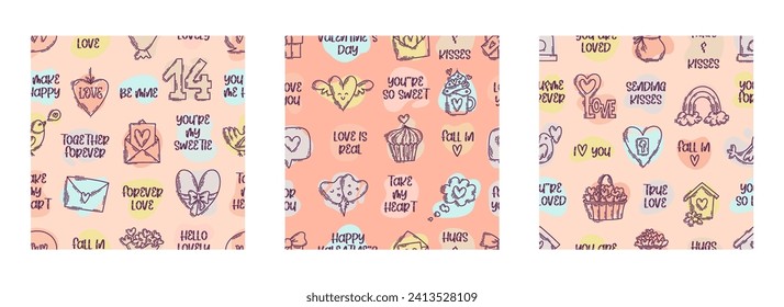 The love theme doodle style color seamless pattern, Valentines Day hand-drawn icons with a simple engraving retro effect. Romantic mood, cute symbols and elements backgrounds collection.