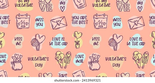 The love theme doodle style color seamless pattern, Valentines Day hand-drawn icons with a simple engraving retro effect. Romantic mood, cute symbols and elements backgrounds collection.