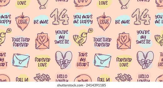 The love theme doodle style color seamless pattern, Valentines Day hand-drawn icons with a simple engraving retro effect. Romantic mood, cute symbols and elements backgrounds collection.