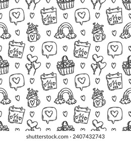The love theme doodle style seamless pattern in black and white, Valentines Day hand-drawn icons with a simple engraving retro effect. Romantic mood, cute symbols and elements backgrounds collection.