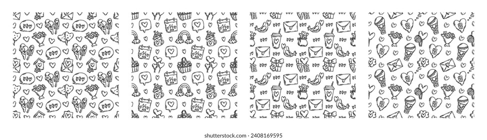 Die Liebe Thema doodle Stil nahtlose Muster in Schwarz-Weiß, Valentinstag Tag handgezeichnet Symbole mit einem einfachen Gravur Retro-Effekt. Romantische Stimmung, süße Symbole und Hintergründe.