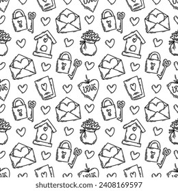 The love theme doodle style seamless pattern in black and white, Valentines Day hand-drawn icons with a simple engraving retro effect. Romantic mood, cute symbols and elements backgrounds collection.