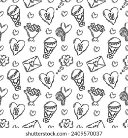 The love theme doodle style seamless pattern in black and white, Valentines Day hand-drawn icons with a simple engraving retro effect. Romantic mood, cute symbols and elements backgrounds collection.