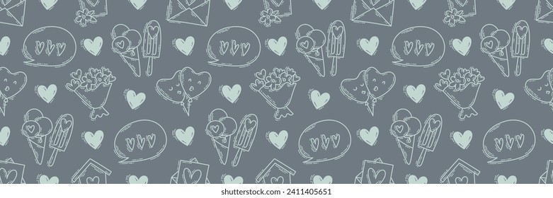 The love theme doodle style seamless pattern, Valentines Day hand-drawn color icons with a simple engraving retro effect. Romantic mood, cute symbols and elements backgrounds collection.