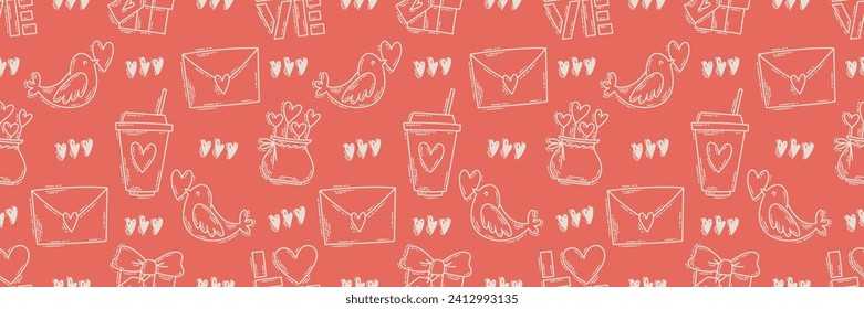 El tema del amor estilo doodle sin fisuras, los iconos de color dibujados a mano en San Valentín con un sencillo efecto retro grabado. Ambiente romántico, símbolos bonitos y colección de antecedentes de elementos.