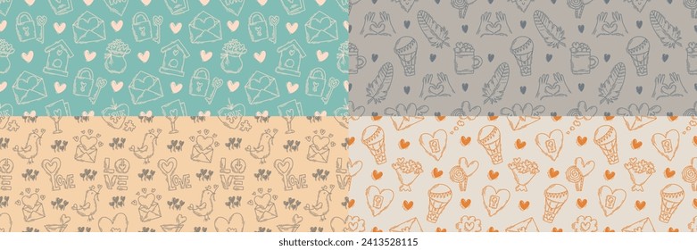 The love theme doodle style seamless pattern, Valentines Day hand-drawn color icons with a simple engraving retro effect. Romantic mood, cute symbols and elements backgrounds collection.