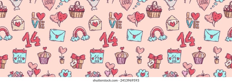 The love theme doodle style seamless pattern, Valentines Day hand-drawn color icons with a simple engraving retro effect. Romantic mood, cute symbols and elements backgrounds collection.