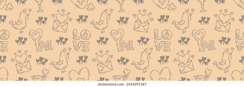The love theme doodle style seamless pattern, Valentines Day hand-drawn color icons with a simple engraving retro effect. Romantic mood, cute symbols and elements backgrounds collection.