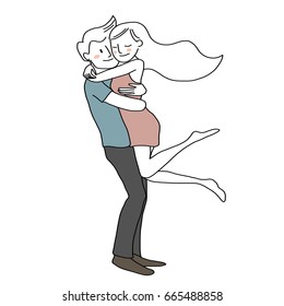 Love theme with happy couple hugging and encircling their lovers with arms. Cute woman jumping into man's embrace. Vector illustration with hand-drawn style.