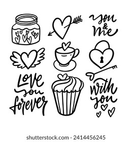 Love Theme Icons Set. Schwarze, handgezeichnete Linie Art Vektorgrafik. Einzeln auf weißem Hintergrund.