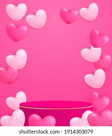 Love theme product display podium. Design with heart on pink background. for brochure, banner, poster. Vector. illustration.