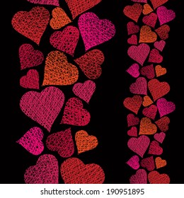 Love theme seamless background, hearts seamless pattern, vertical composition, vector, hand drawn lines textures used.
