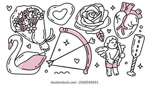 Love theme simple doodle elements set for cute romantic design. Wedding elements, hearts icons. Valentines day. Love clipart, bow and arrow, cupid, swan, rose, human heart. Linear hand drawn vector