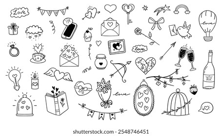 Love theme simple doodle illustration for design. Wedding elements, hearts, romantic icons. Valentines day doodles set. Love theme simple doodle illustration for design. 