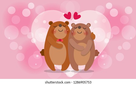 Love theme vector. Decorations with a couple of bear in hugging pose on glitter pink background. Great for
lovely concept.