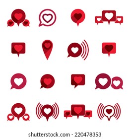 Love theme vector icons set, romantic dialog, conceptual valentine and romantic symbols collection.