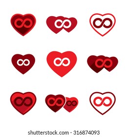 Love theme vector icons set, eternal love idea, conceptual valentine and romantic symbols collection.