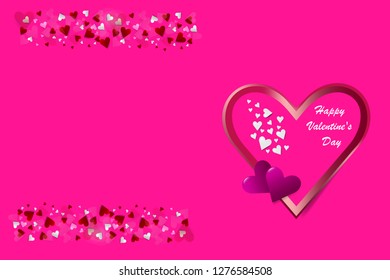 Love theme vector showing one metal frame heart in the right side of the vector. Many small hearts are in the left side with a place ready for your text. All is on a trendy pink background. 