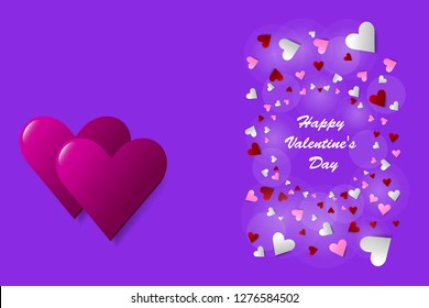 Love theme vector showing two pink hearts in the left side of the vector. Many small hearts with sign Happy Valentines Day are in the right side. All is on the purple background. 
