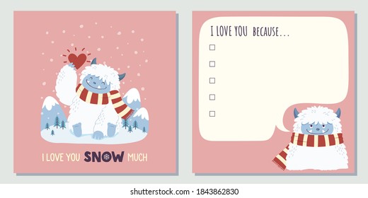 Tarjeta de saludo con temática de amor con un personaje yeti adorable. Portada de la tarjeta y diseño interno coordinado. Ilustración vectorial de estilo dibujado a mano.