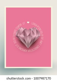 Love Themed Modern Minimal Styled 
Pink Postcard Design With Diamond Heart. Love. Women's Gift. Vector Illustration