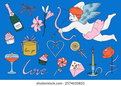 Love themed outline illustrations set: cupid, cherub, bow, ribbon, gift,  angel, hearts, sweets, flowers. Cute coquette aesthetic. Valentine's Day, wedding, romantic design. Vector hand drawn elements