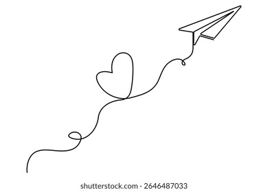 Love themed paper plane with hearts continuous line art minimalist romantic card vector illustration
