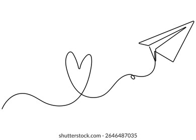 Love themed paper plane with hearts continuous line art minimalist romantic card vector illustration
