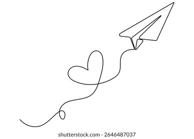Love themed paper plane with hearts continuous line art minimalist romantic card vector illustration
